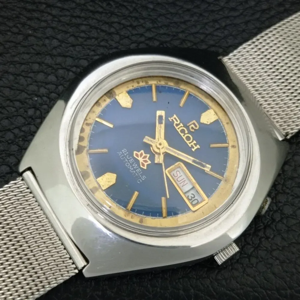 Vintage 1977 Ricoh Automatic Mens Silver Watch W/daydate & Gold accents